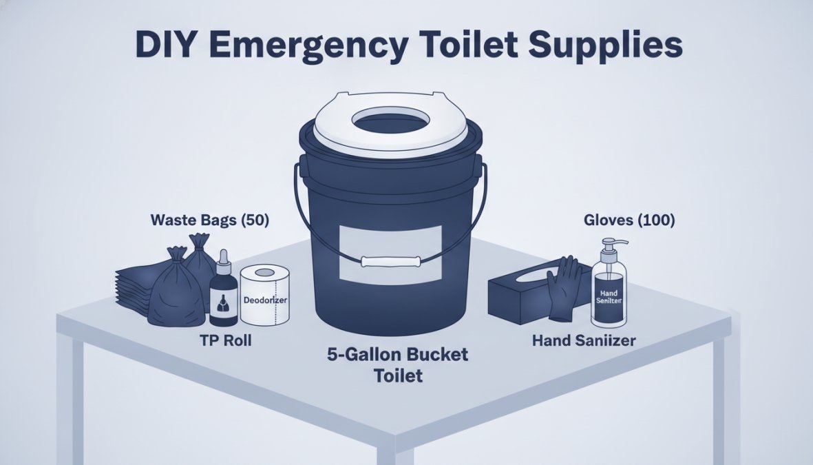A 5-gallon bucket with a toilet seat cover attachment, roll of toilet paper, and bottles of enzyme treatment powder arranged on a table