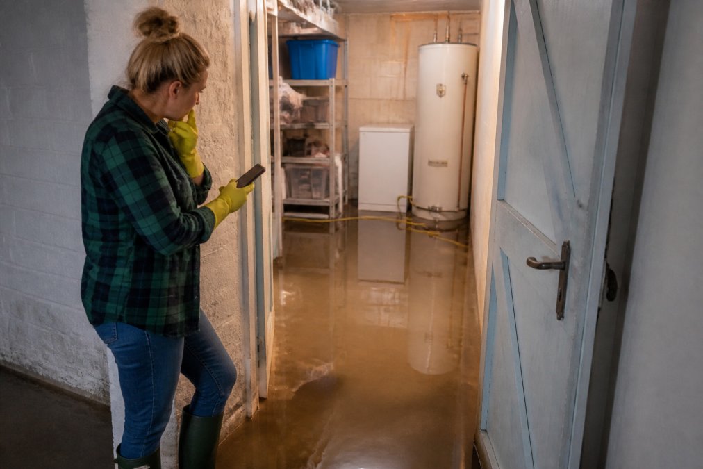 Illustration of a homeowner arranging help for a sewage-affected room