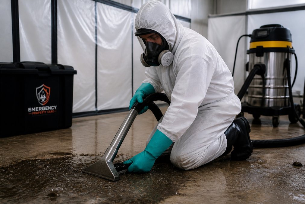 Trained technician in full protective suit, gloves, and respirator conducting sewage decontamination work in a commercial space, with clear containment barriers and professional-grade equipment visible in background