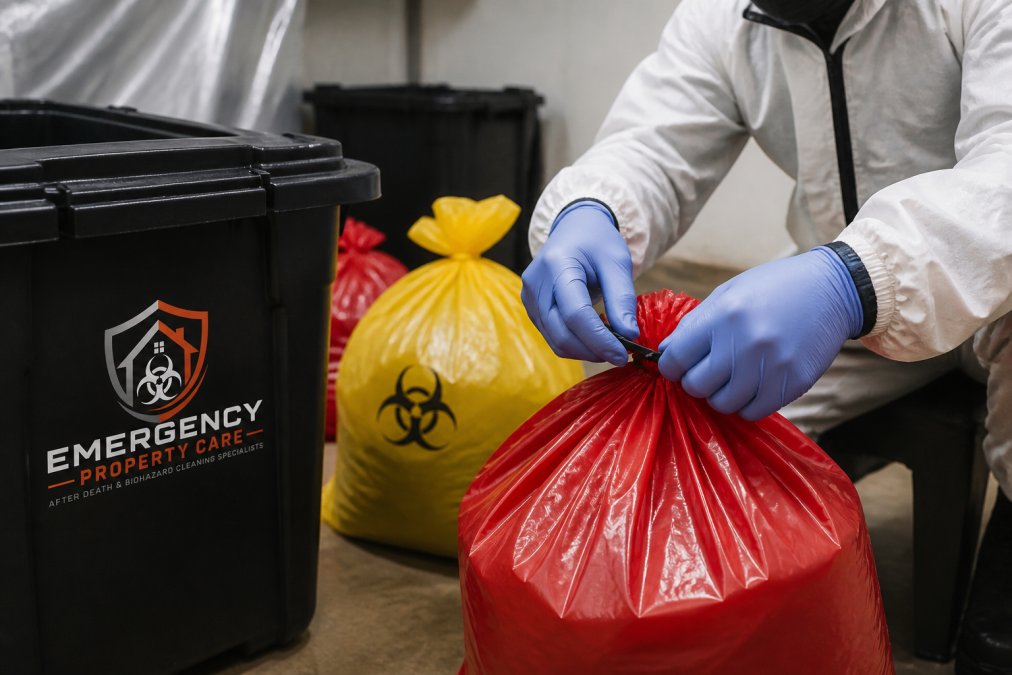 Close-up of hazardous waste disposal containers and colour-coded biohazard bags being carefully sealed and labelled by a technician wearing protective gloves