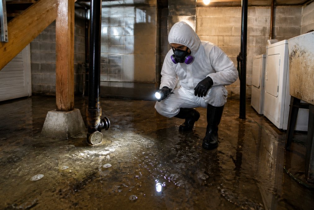 Licensed plumber in full protective gear including gloves, mask, and hazmat suit assessing standing sewage in a residential basement with contaminated water pooling around concrete floor and infrastructure