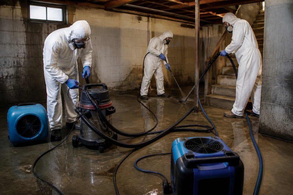 Professional restoration crew in full protective equipment using industrial-grade wet vacuums, dehumidifiers, and disinfection sprayers to extract and sanitize contaminated basement during sewage cleanup operation