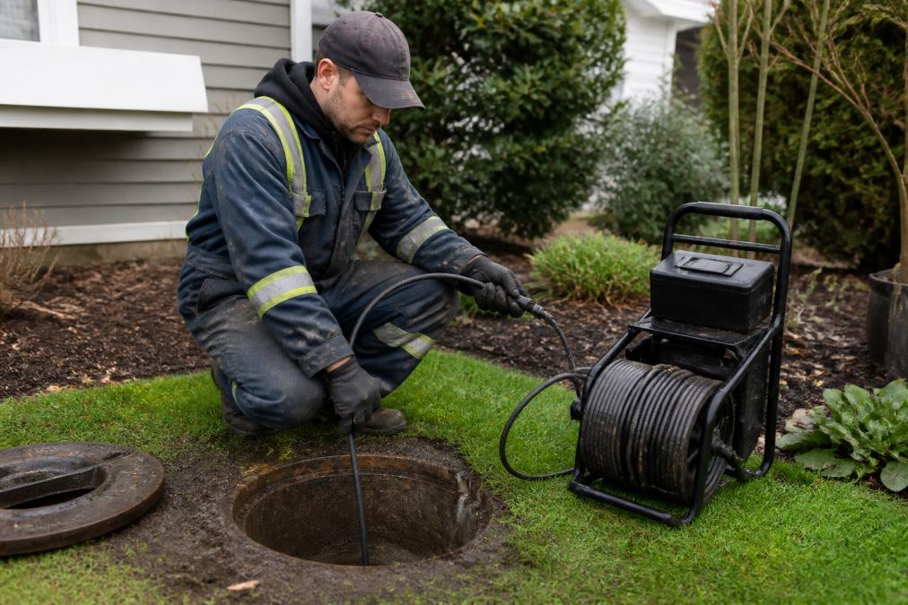 Licensed technician in work gear standing beside a residential sewer access point in a yard, holding a diagnostic camera probe and inspection equipment