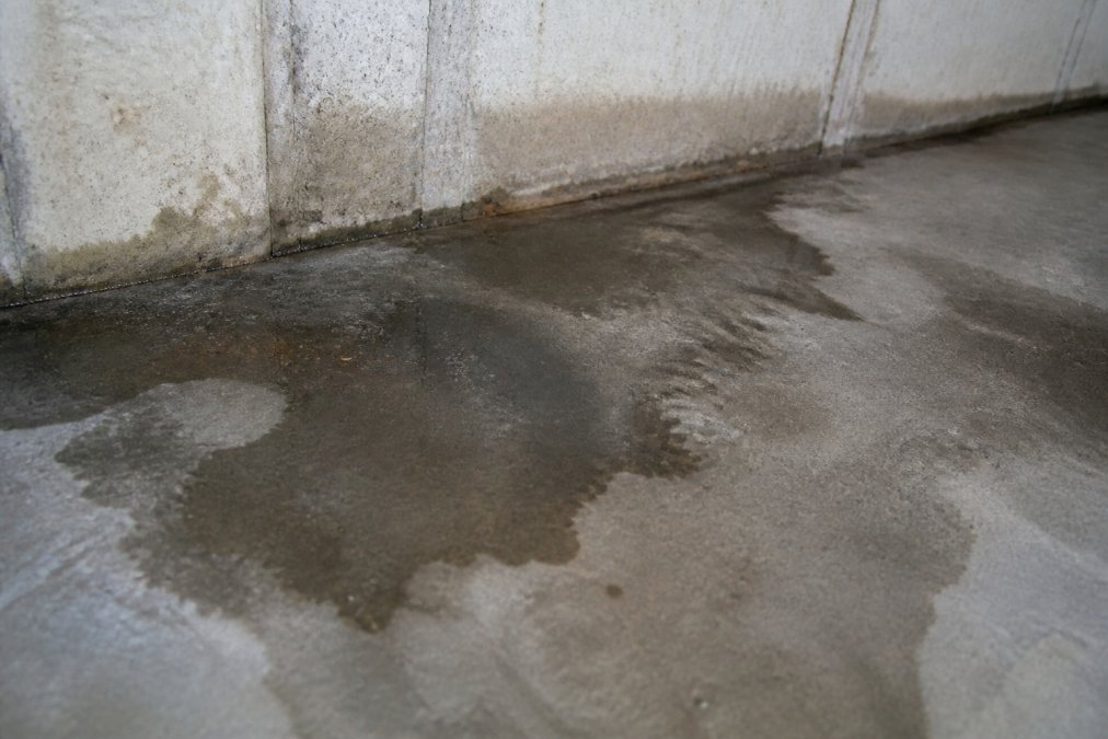 Close-up of visible water damage and moisture discoloration on basement concrete flooring near the foundation wall, showing wet staining patterns