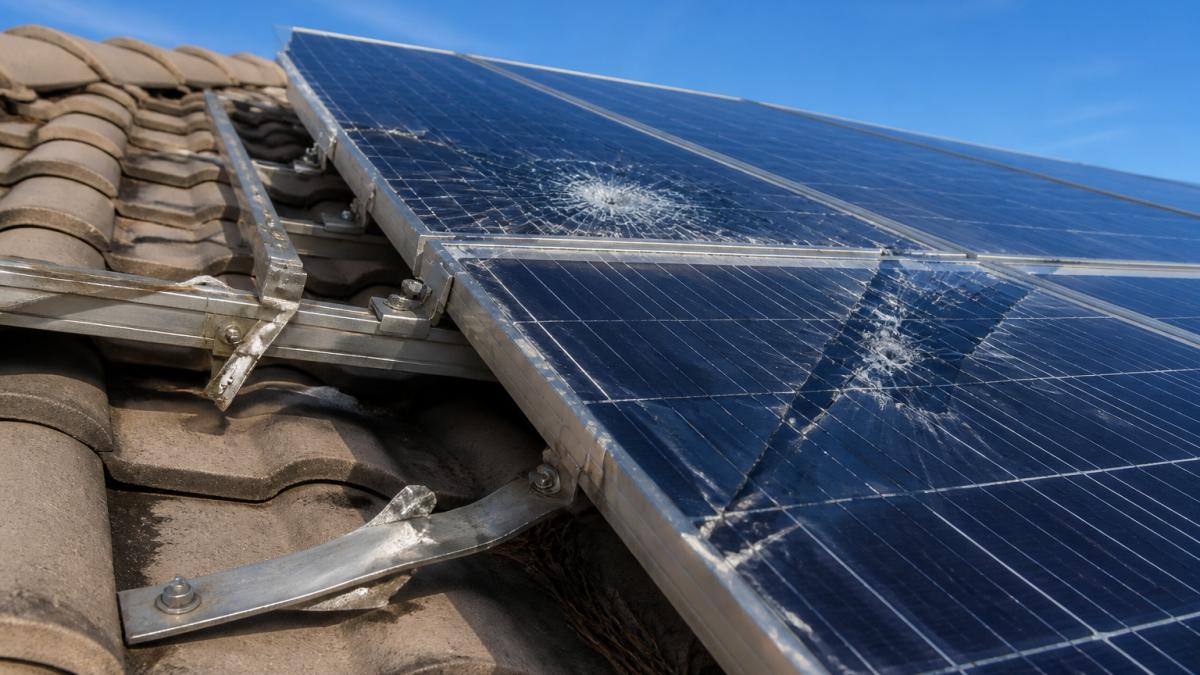 Close-up of a Florida home's solar panel array after hurricane damage, showing bent aluminum roof straps, loose stainless steel mounting hardware, and two cracked solar panels with the blue sky in background