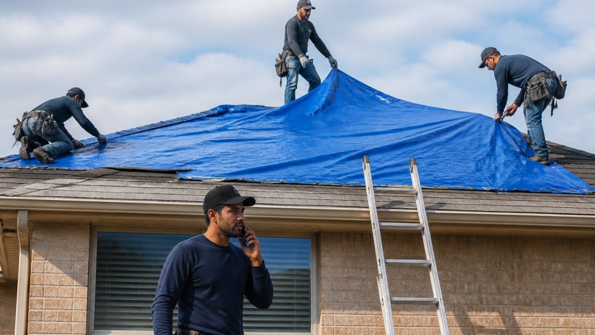A roofing crew carefully securing a blue tarp over a damaged residential roof in El Paso, with tools and ladders visible, under clear post-storm skies