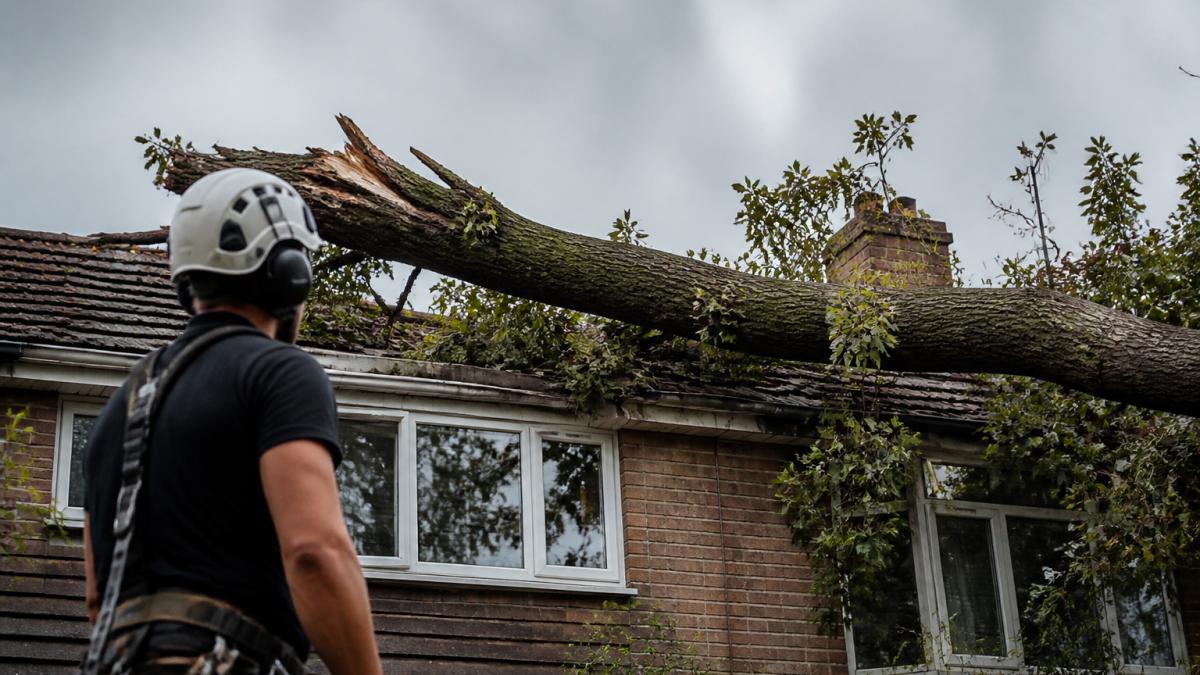 Professional tree surgeon assessing a large storm-damaged tree limb hanging precariously over a residential roof, with safety equipment visible and overcast sky