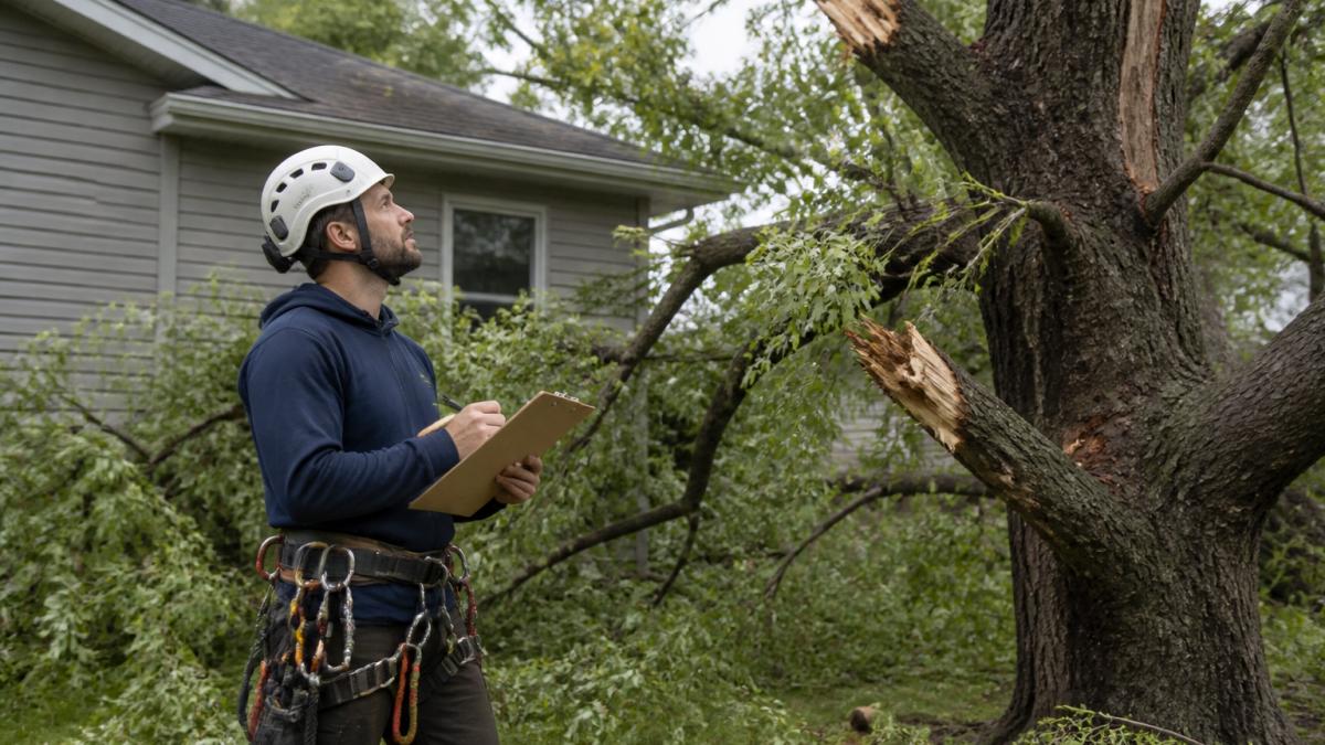 Professional arborist in safety gear examining storm-damaged tree branches and trunk near residential home, assessing structural damage with clipboard