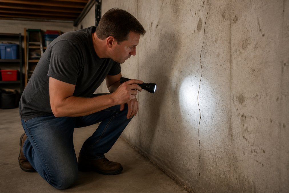 Homeowner using a flashlight for an emergency structural evaluation of a basement foundation wall crack.