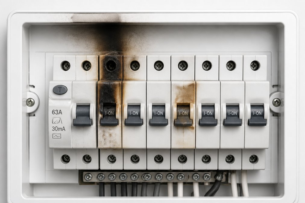 Close-up of residential switchboard with visible scorch marks and discoloured switch components showing electrical damage and burn patterns