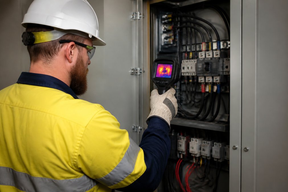 Licensed electrician in high-visibility gear performing thermal imaging inspection of electrical switchboard using professional infrared equipment in industrial setting