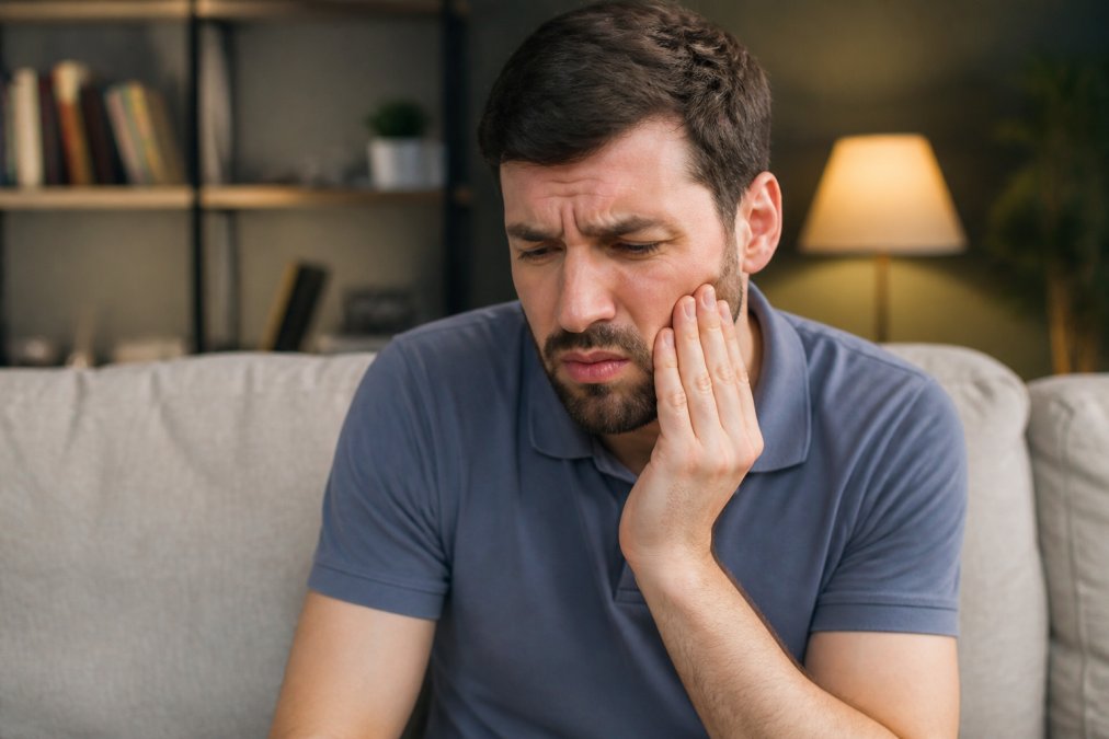 Person gently pressing their cheek near the lower jaw with one hand, expression showing discomfort, mild visible swelling on the cheek, sitting in a neutral home setting under warm indoor lighting