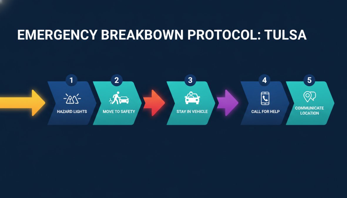 Flowchart showing emergency breakdown protocol: Turn on hazard lights → Move to safety → Stay in vehicle → Call for help → Communicate location to dispatcher