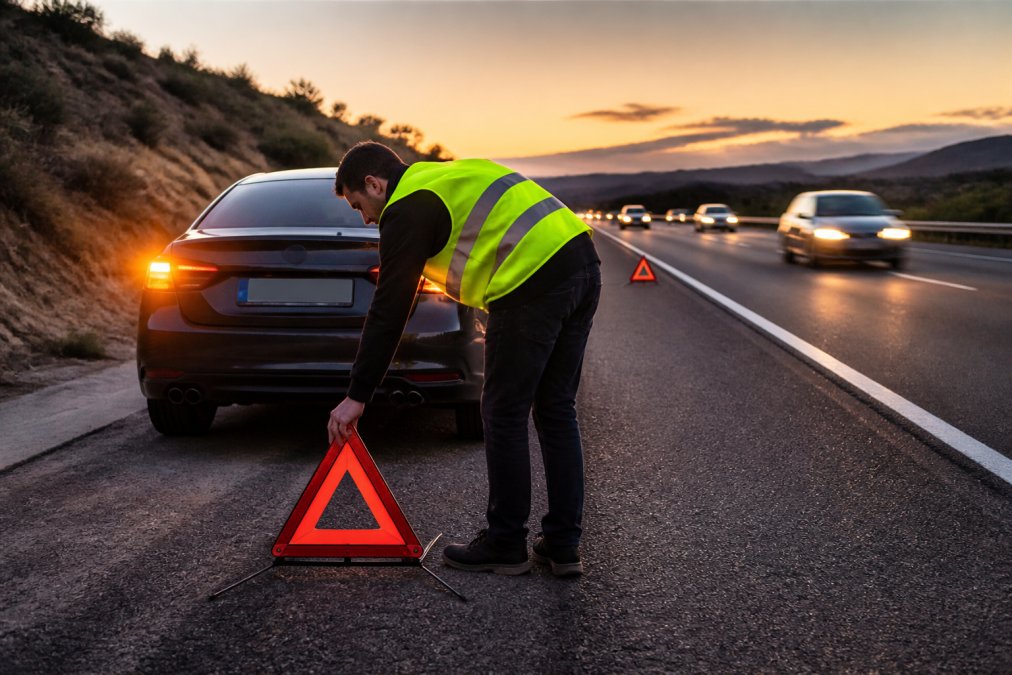 A stranded motorist in a reflective safety vest placing emergency triangles behind a car stopped on the shoulder of a highway at dusk, hazard lights flashing, traffic passing in the distance