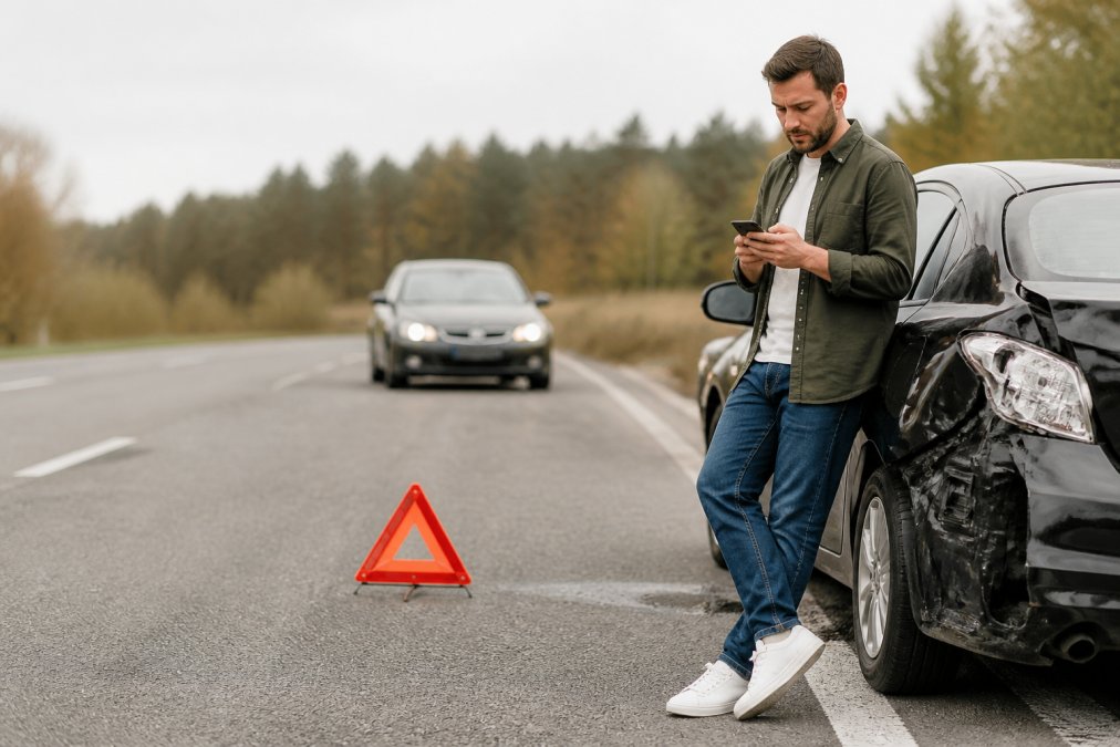 Driver standing safely beside a damaged vehicle on the roadside with hazard lights activated, checking their phone to call for emergency assistance, with another vehicle visible in the background