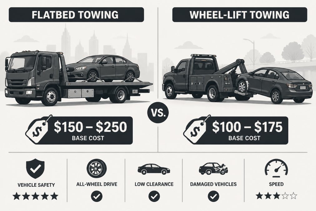 Professional flatbed tow truck with a sedan securely loaded and strapped down, showing proper positioning and full-length flatbed with vehicle centered and evenly distributed, taken in daylight on a Tulsa street
