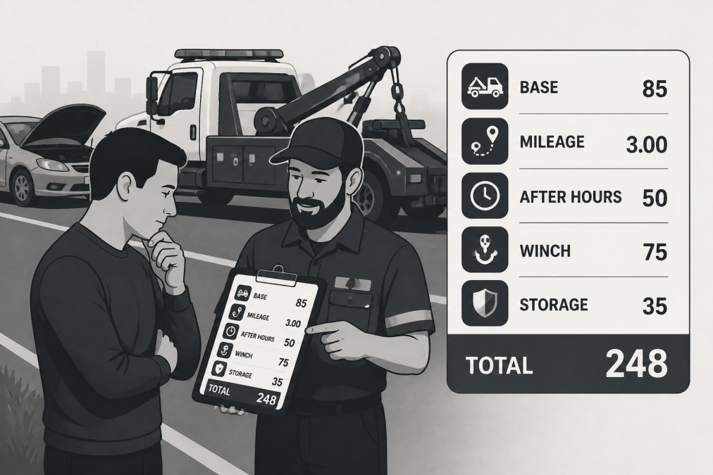 Driver on the side of the road speaking with a tow truck operator holding a clipboard or phone showing a service quote, both reviewing the estimate together in natural daylight