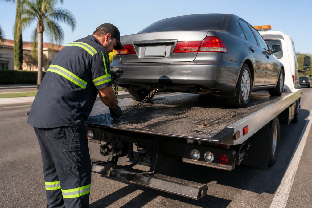 A tow truck operator securing a sedan on a flatbed in daylight, with chains and equipment visible, professional setup on a sunny roadside