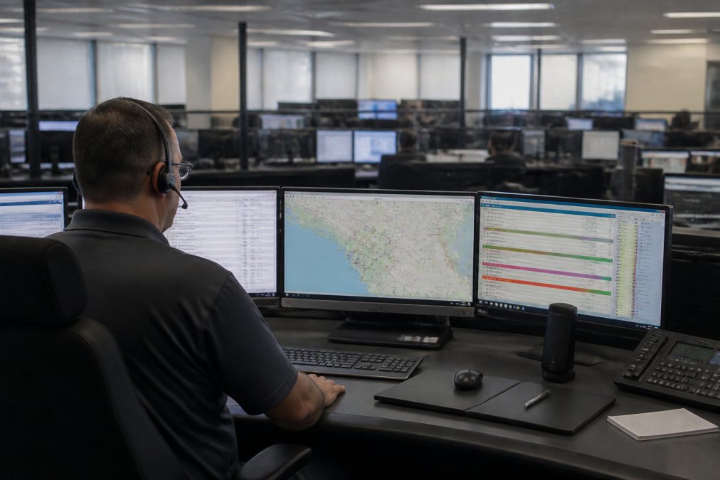 Dispatcher at a professional dispatch control center monitoring multiple tow truck locations on a real-time GPS map displayed across multiple screens, with communication headset and keyboard visible