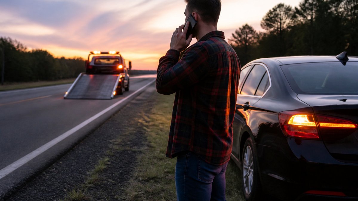 Driver standing safely outside vehicle on roadside at dusk with hazard lights flashing, phone in hand, positioned away from traffic with alert posture
