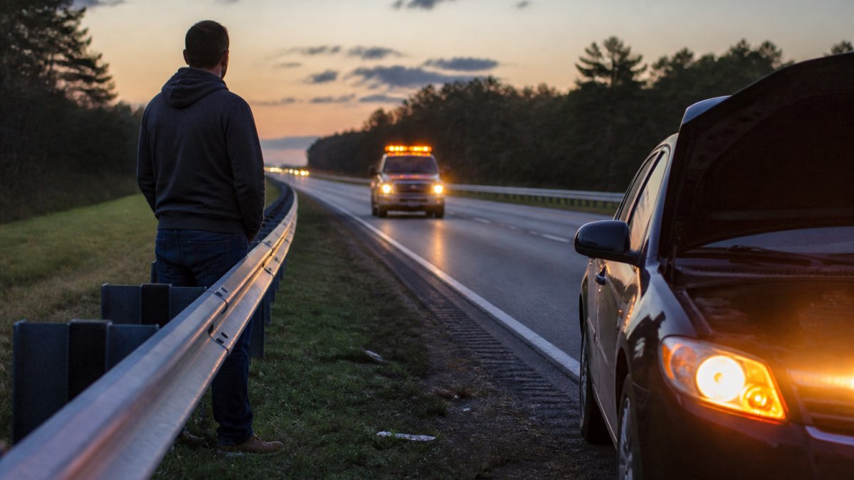 A stranded driver standing safely behind a guardrail on a highway shoulder at dusk, hazard lights glowing on the disabled car, a tow truck with amber lights approaching in the distance