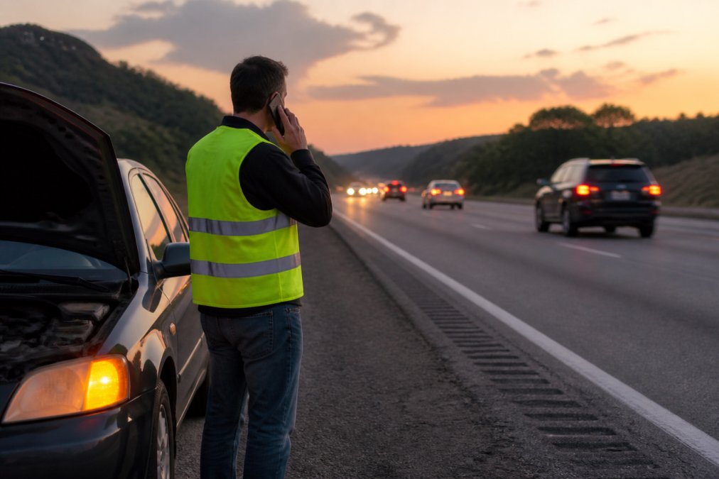 Driver standing safely outside a disabled vehicle on the roadside at dusk, wearing a safety vest and using a cell phone to call for help, with hazard lights flashing and traffic passing safely in the distance