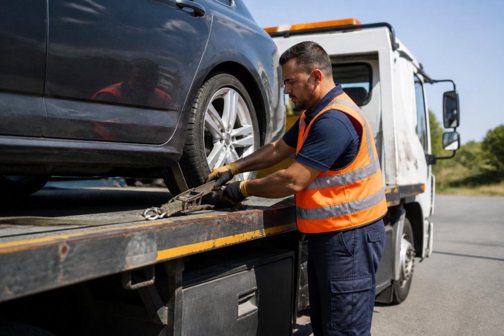 Professional tow truck operator in uniform and safety vest securing a sedan onto a flatbed tow truck using proper tie-down equipment, demonstrating professionalism and correct technique in daylight conditions