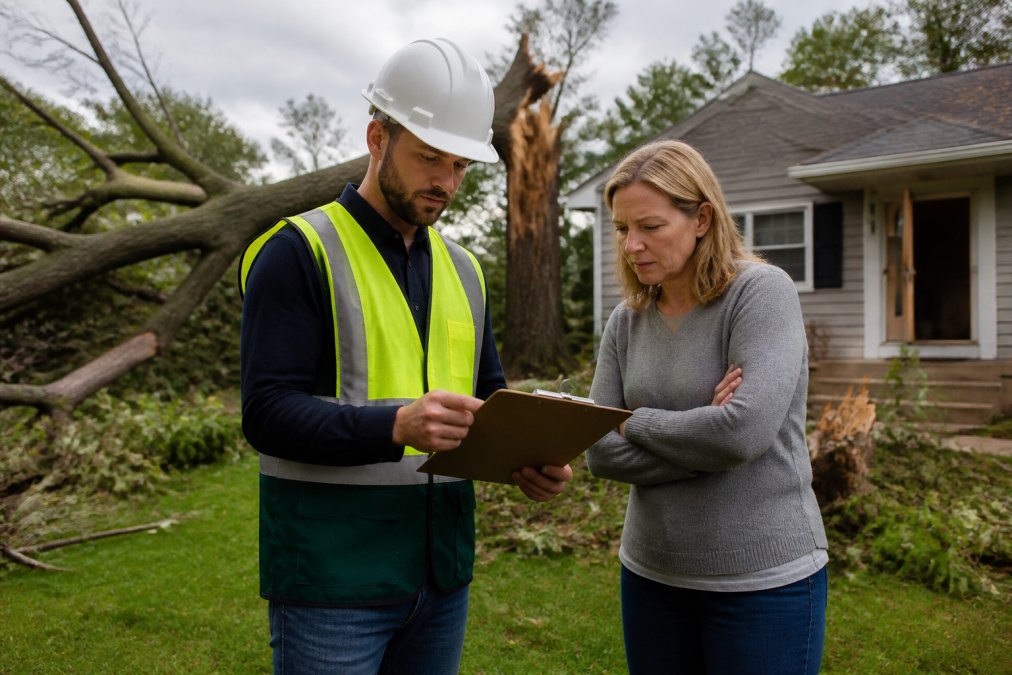 A licensed arborist in a hard hat and safety vest reviewing a written estimate on a clipboard with a homeowner standing in a storm-damaged front yard, fallen tree debris visible in the background under cloudy post-storm skies