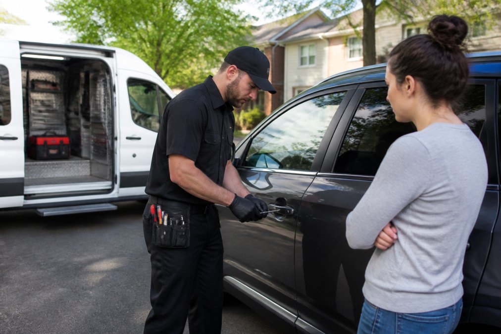 Mobile locksmith van parked beside a locked vehicle with technician in professional attire using specialized equipment to assist a customer standing nearby, demonstrating on-site emergency service in daylight
