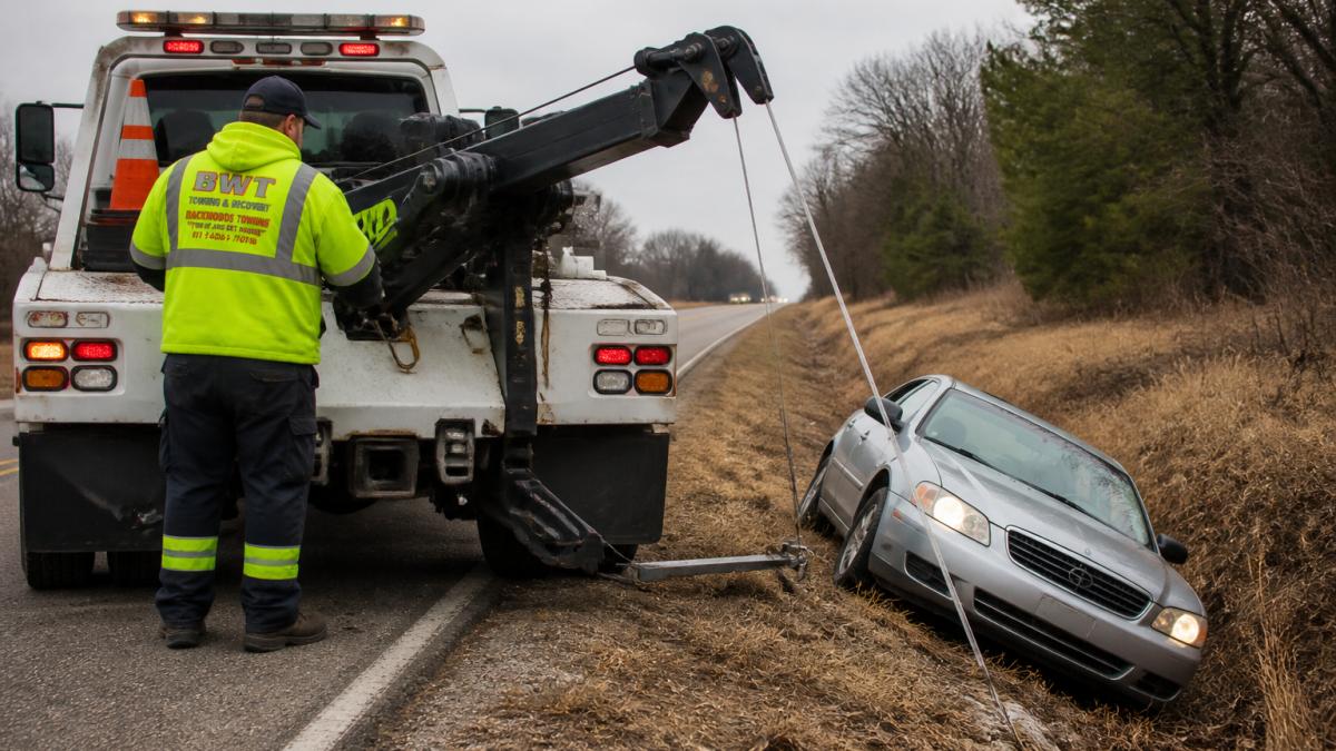 Professional tow truck with extended boom and winch equipment positioned near a vehicle stuck in a roadside ditch, technician in safety vest preparing recovery equipment