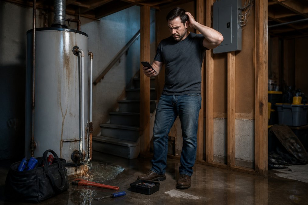 A stressed homeowner in casual clothes standing in a dimly lit basement next to a leaking water heater, holding a phone and looking at a repair estimate, with tools scattered nearby