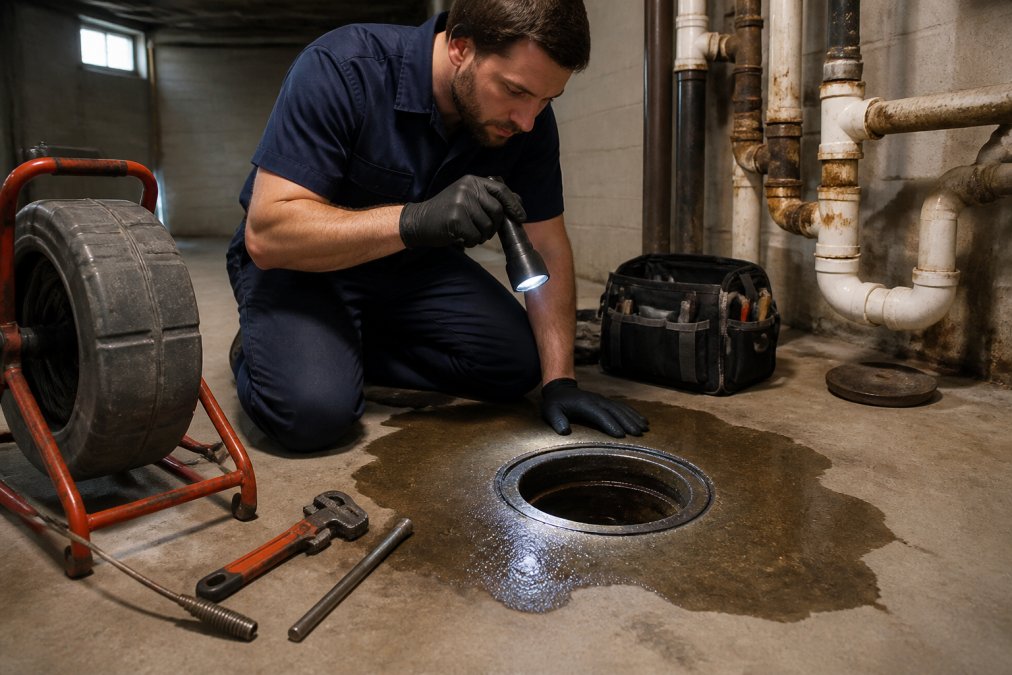 A plumber in uniform kneeling beside an open floor drain in a residential basement, using a flashlight to inspect water pooling around the drain, with plumbing tools nearby