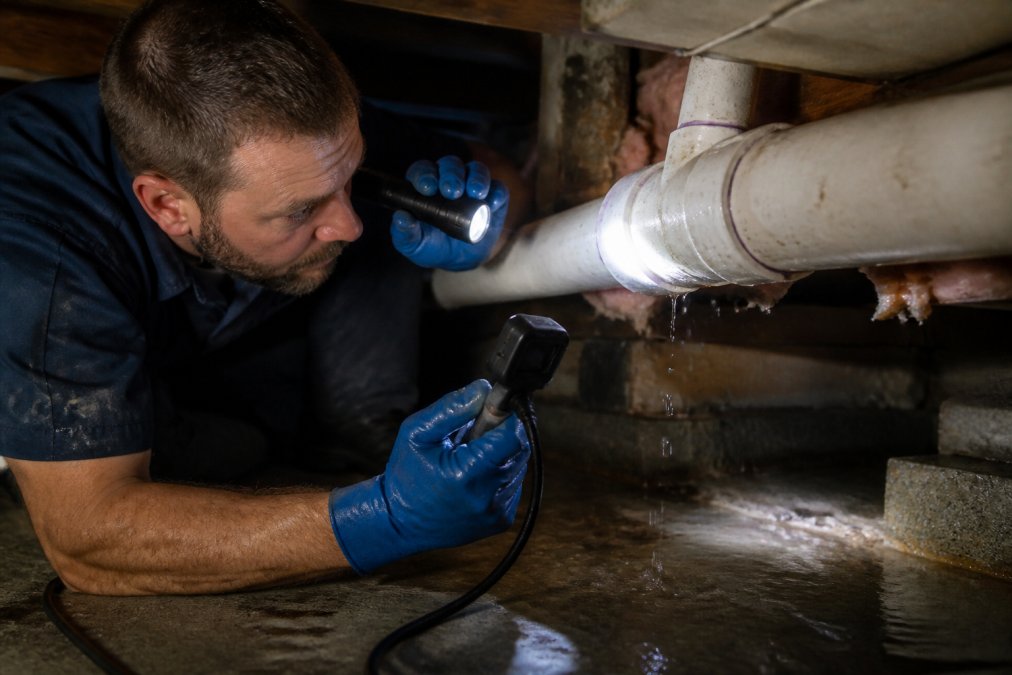 Professional plumber with diagnostic equipment examining burst pipe in basement crawlspace, using flashlight and inspection camera, concrete floor visible