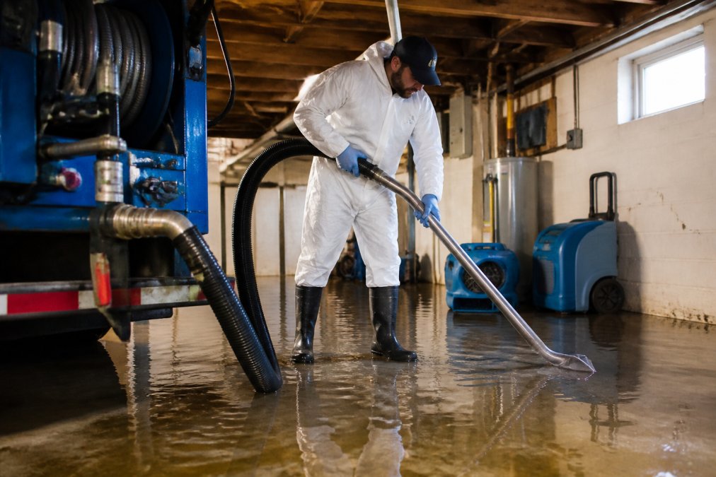 Restoration technician using a truck-mounted hose for water damage cleanup in a flooded residential basement.