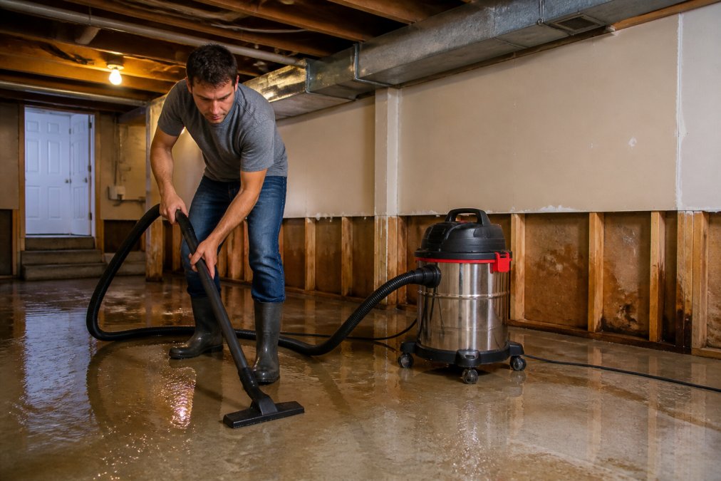 Homeowner in casual clothes using a wet/dry vacuum to extract standing water from a flooded basement floor, with visible water pooling and wet drywall visible in the background under bright overhead lighting