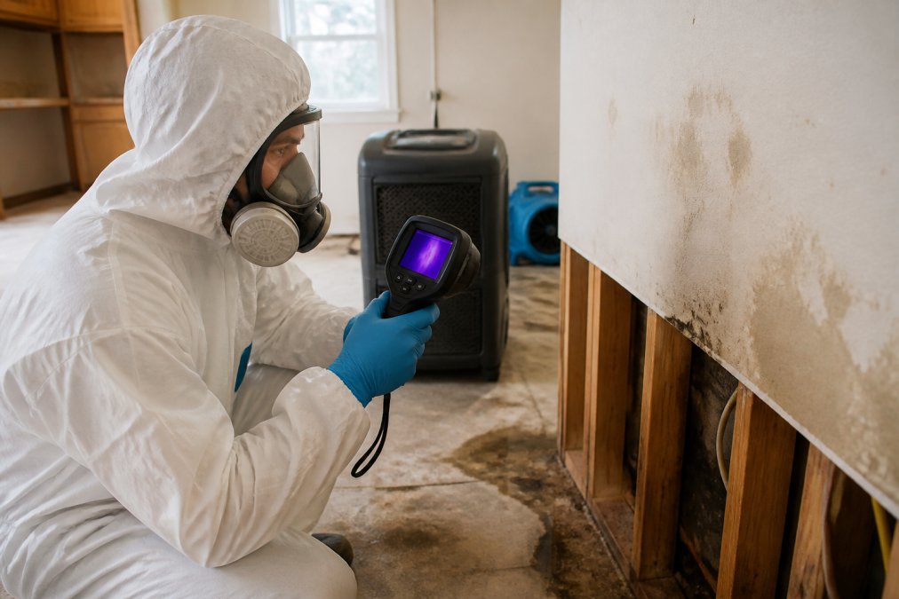 IICRC-certified restoration technician in full protective gear (white suit, respirator, gloves) using a thermal imaging camera to scan a drywall section for hidden moisture, with dehumidification equipment running in the background