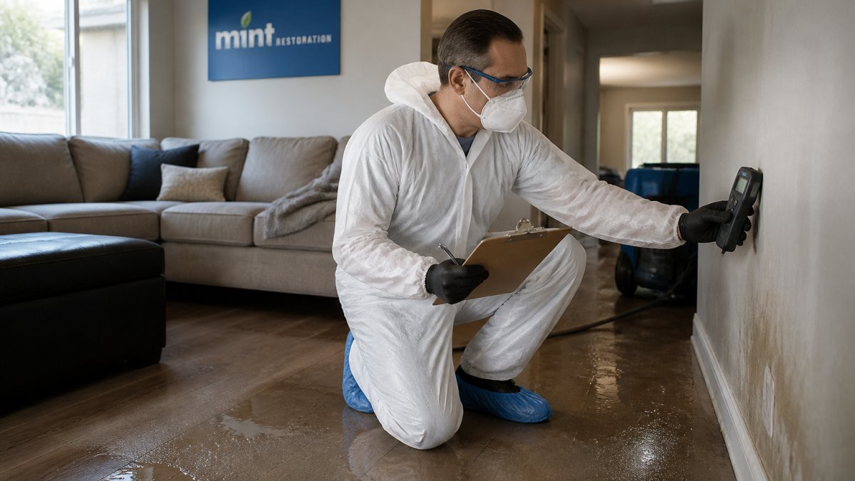 Professional restoration technician in protective gear conducting on-site water damage inspection with moisture meter and documentation clipboard in residential living room