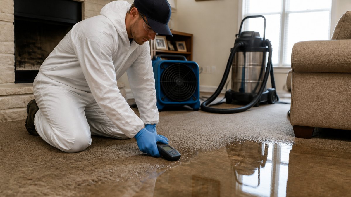 Restoration technician using a moisture meter on a flooded living room carpet during water damage restoration