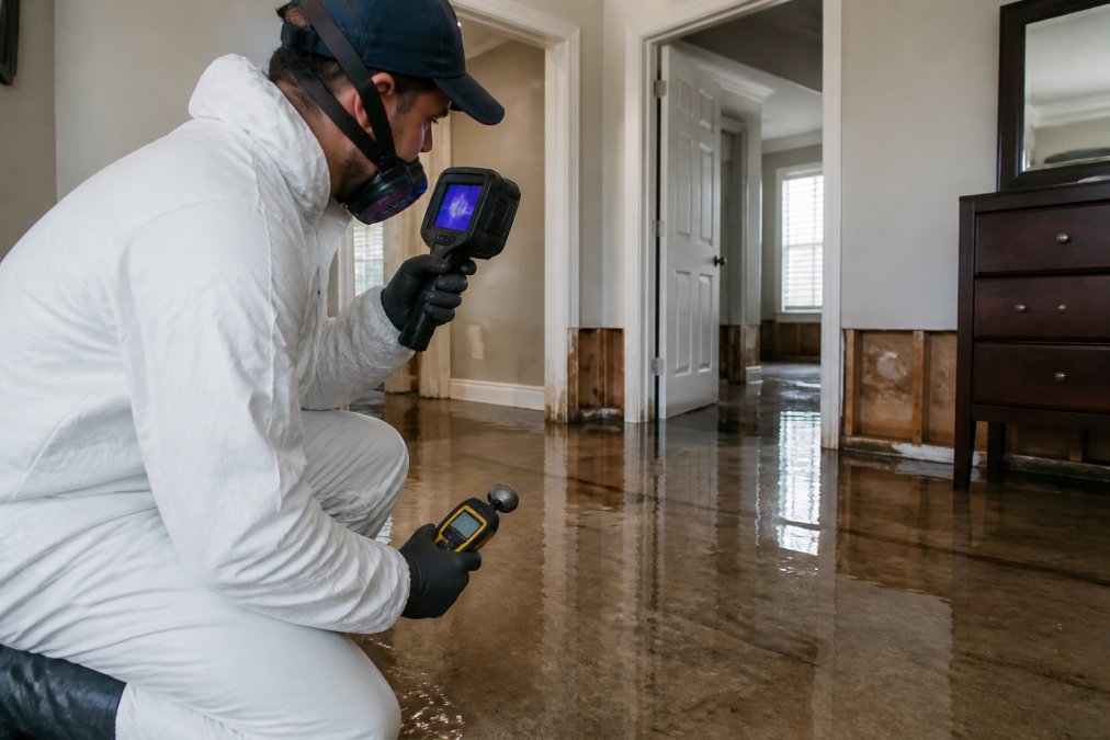Professional restoration technician in protective gear using thermal imaging camera and moisture detection equipment to assess water damage in a flooded residential room with standing water visible