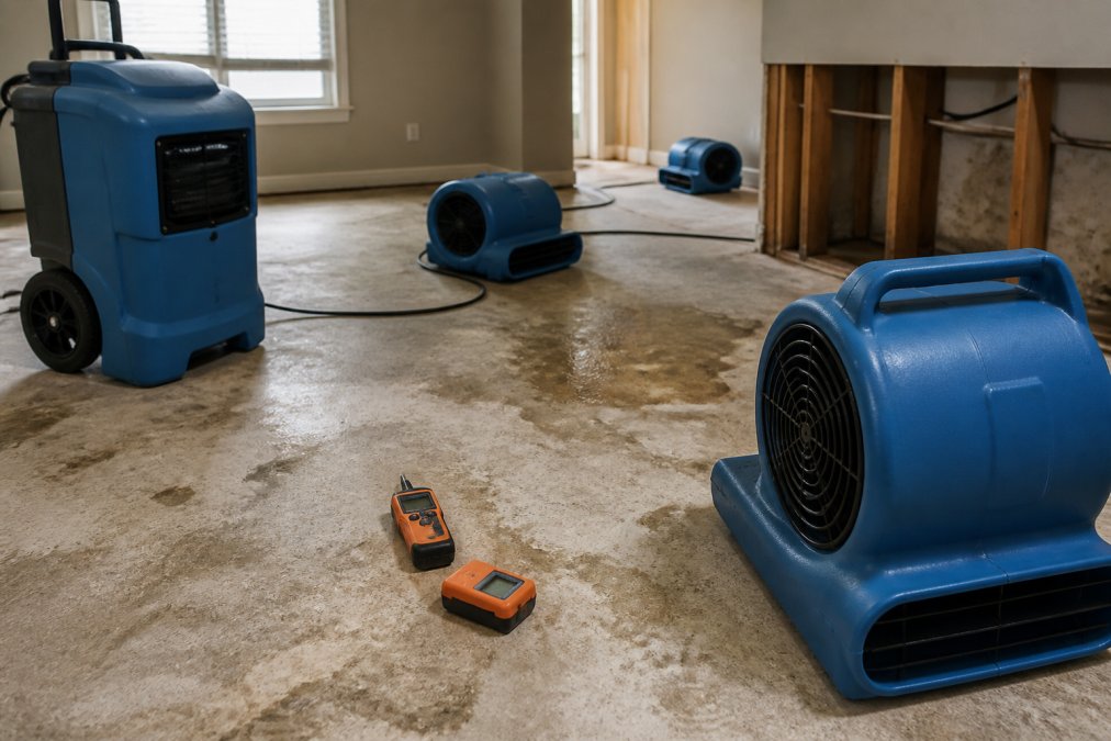 Professional restoration crew positioning multiple air movers and industrial dehumidifiers in a water-damaged residential room, with moisture meters and hygrometers placed on surfaces to monitor drying progress