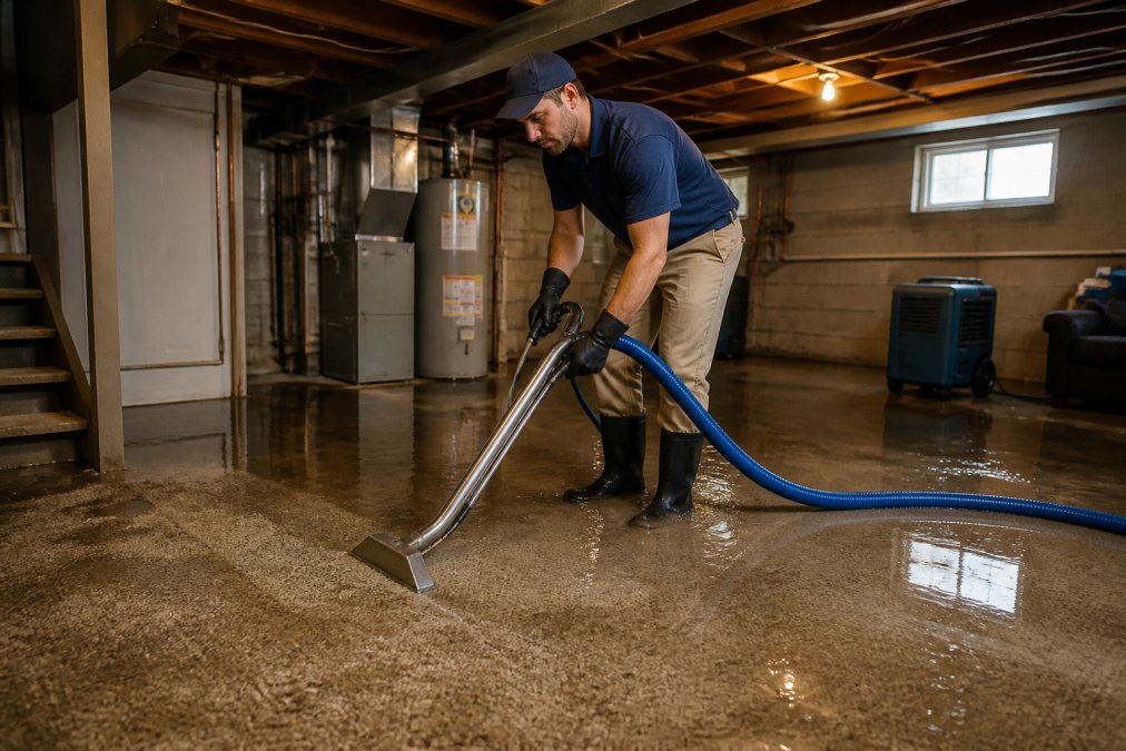 Professional technician using industrial water extraction equipment in a flooded residential basement with wet carpet and standing water visible, natural basement lighting