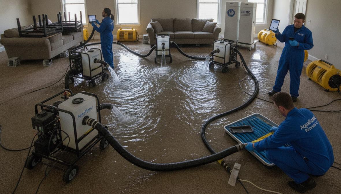 IICRC-trained technician positioning professional air movers and dehumidifiers in a water-damaged residential room with strategic placement for optimal drying, monitoring equipment with moisture meter