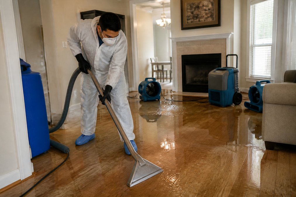 A technician in protective gear operating a high-powered water extractor on a flooded living room floor, industrial air movers and a dehumidifier visible in the background