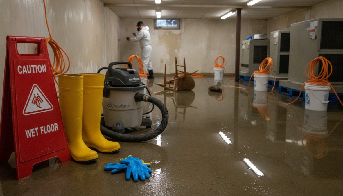 Restoration technician in full protective gear including respirator, gloves, boots, and protective suit standing in water-damaged room with visible standing water and wet drywall