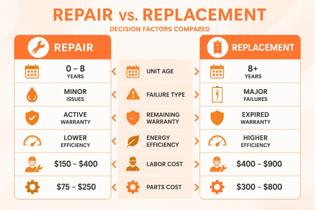 Comparison matrix showing repair vs. replacement decision factors: unit age, failure type, remaining warranty, energy efficiency, labor cost, and parts cost