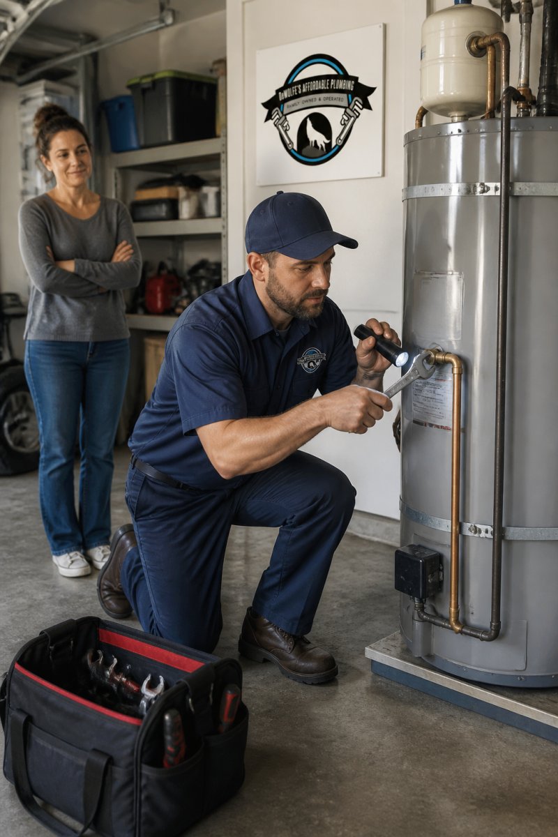 Licensed plumber using a wrench to perform emergency water heater repair in a Wylie garage while a homeowner watches.