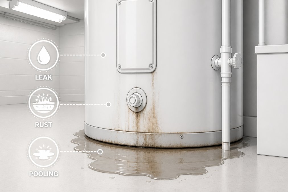 Close-up of water pooling at the base of a residential water heater tank in a utility room, showing rust stains and moisture on the floor, under harsh fluorescent lighting