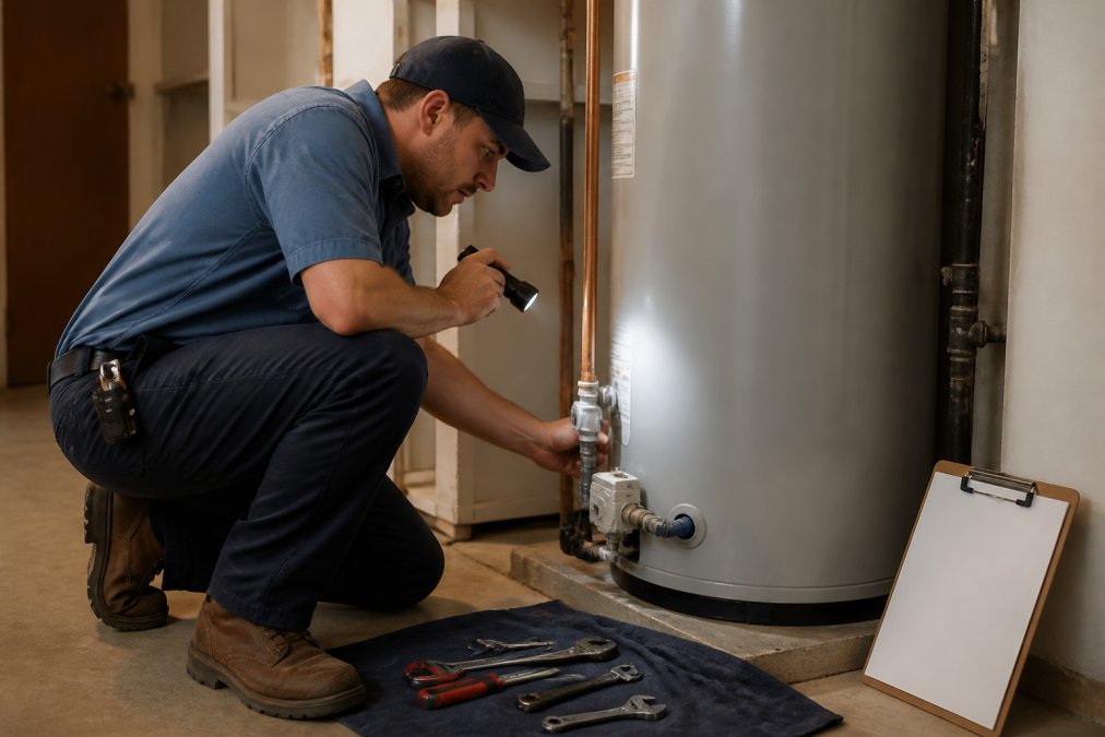 A licensed plumber in uniform crouching beside a residential water heater tank in a utility room, inspecting connections with a flashlight, tools laid out on a cloth nearby and a clipboard resting against the wall