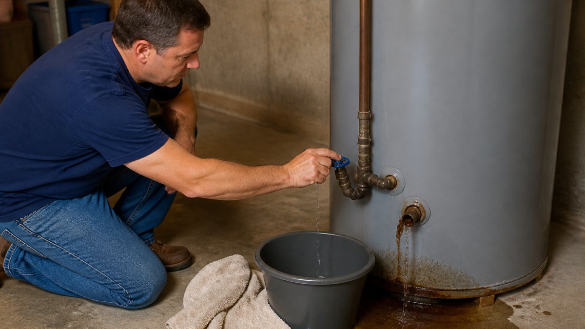 A homeowner in casual clothes kneeling beside a leaking tank water heater in a basement, turning the shut-off valve on the cold water inlet line, with a towel and bucket nearby to catch water