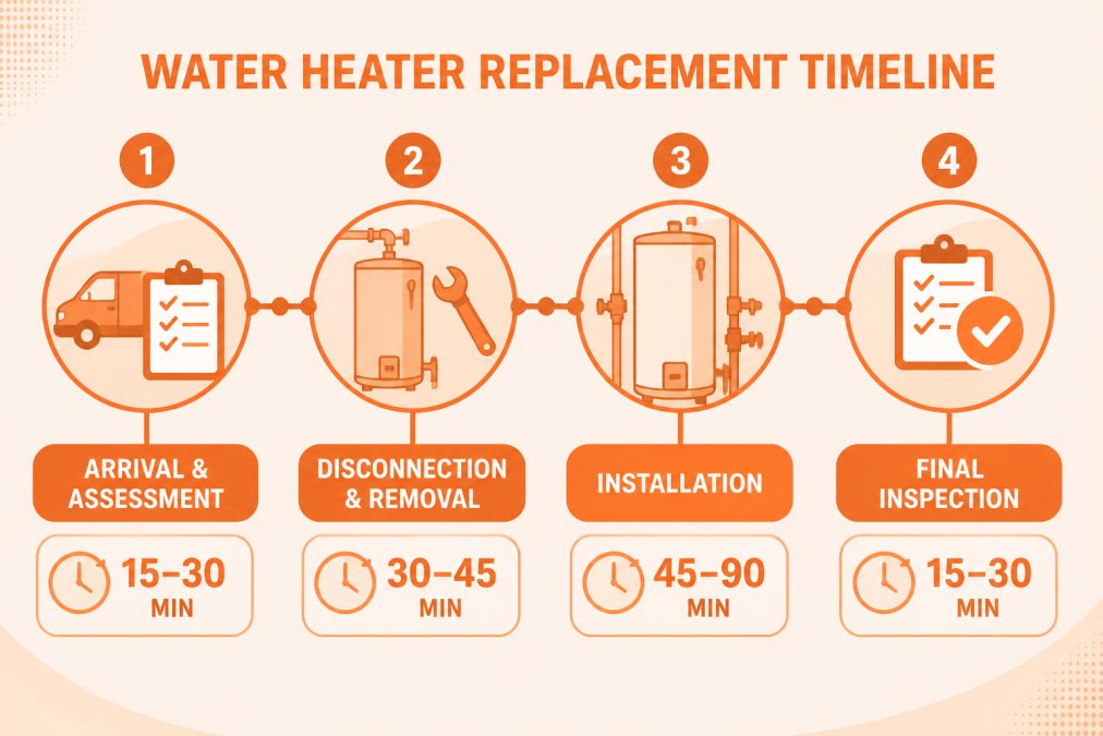 Timeline diagram showing four phases of water heater replacement: arrival and assessment (15-30 min), disconnection and removal (30-45 min), installation (45-90 min), final inspection (15-30 min)